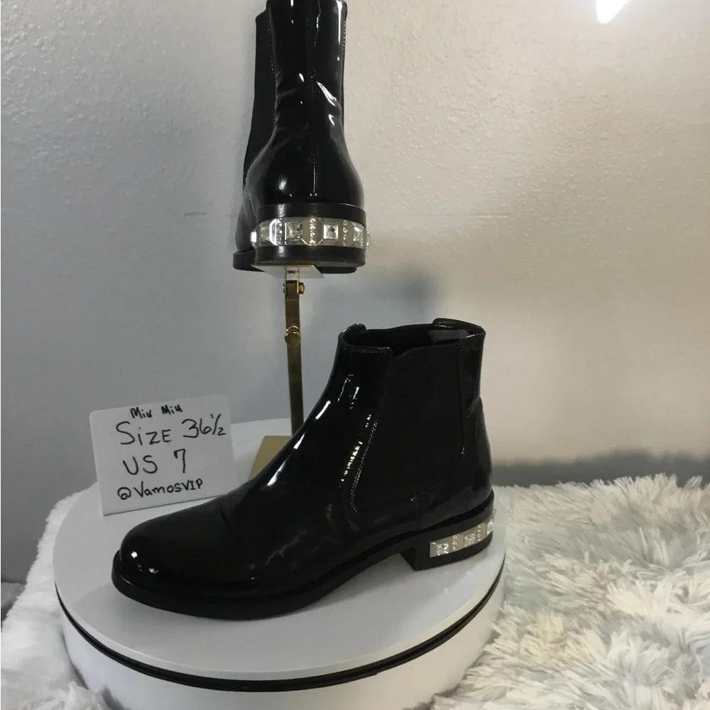 Miu Miu Patent Leather Black Ankle Boots with Crystal Heel Accent